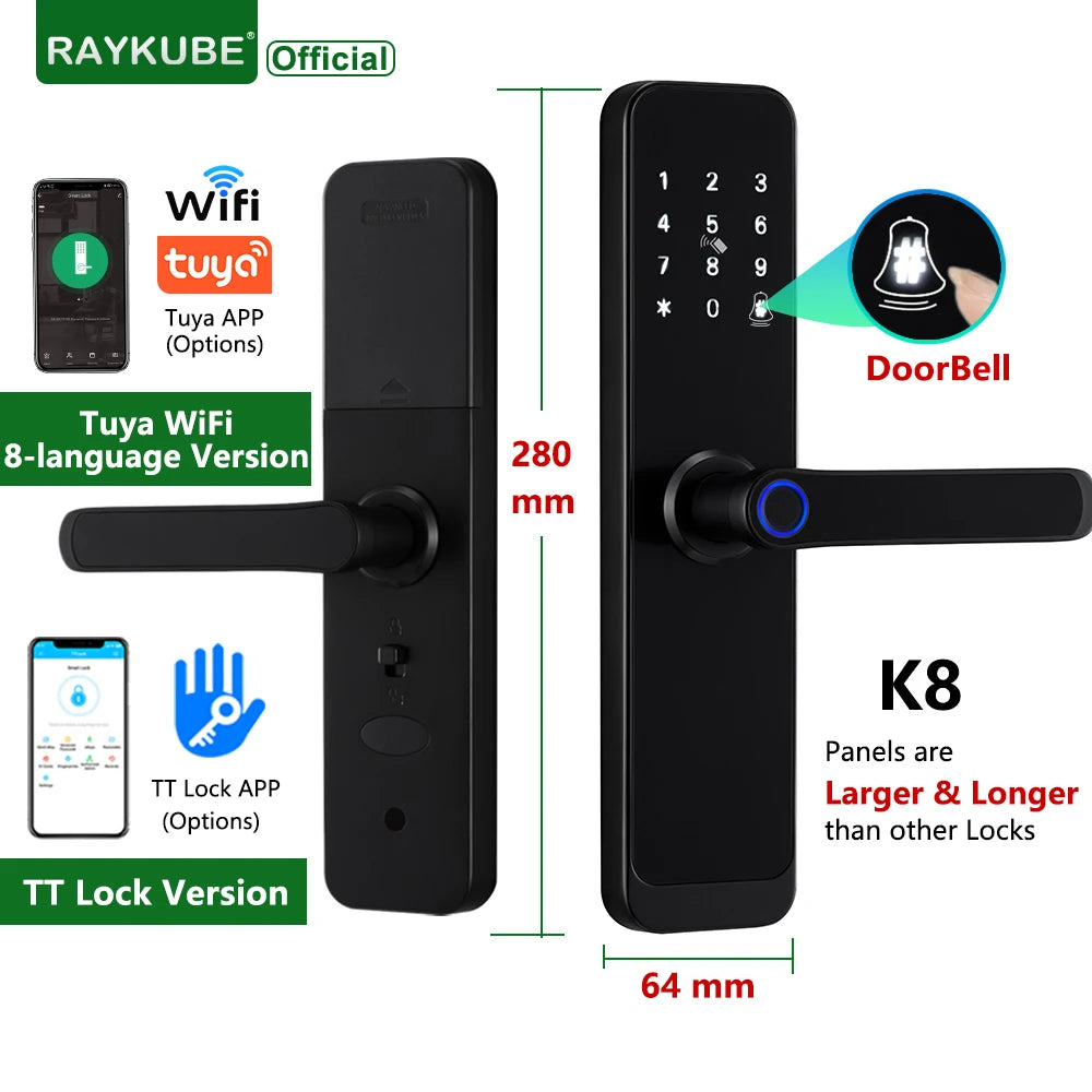 RAYKUBE K8 Smart Door Lock TTlock Bluetooth / Tuya Wifi Fingerprint Password 13.56MHZ IC Card Keyless Smartlife Home