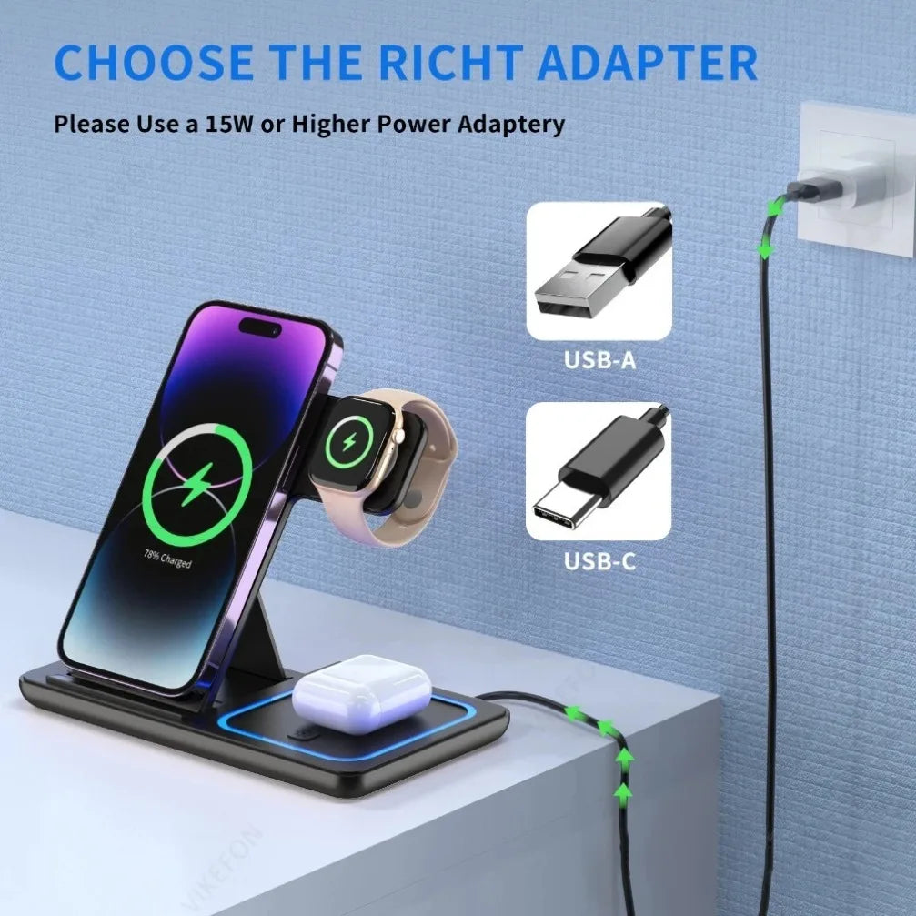 3-in-1 Wireless Charging Station - 30W Fast Charger for iPhone, Apple Watch & AirPods