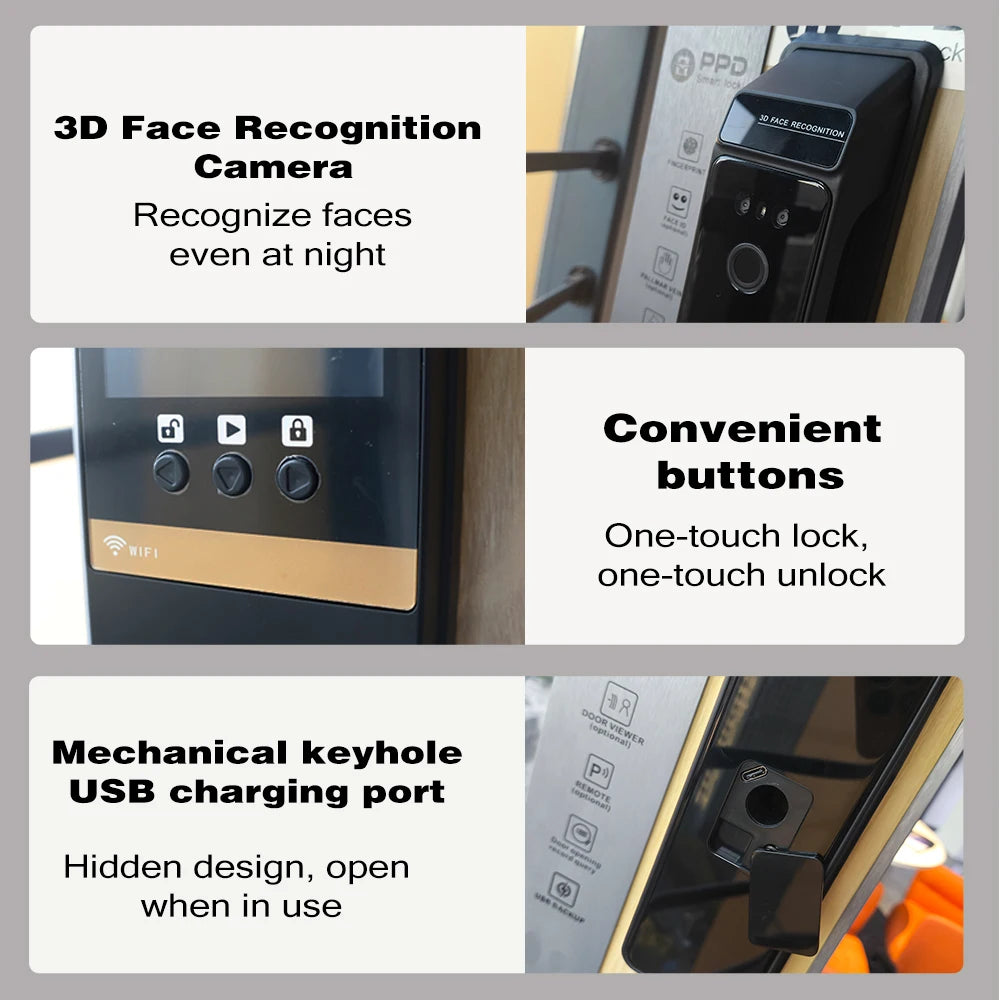 PHIPULO 3D Face Recognition Unlock Digital Door Lock With Fingerprint Password Unlock Keyless Electronic Door Lock