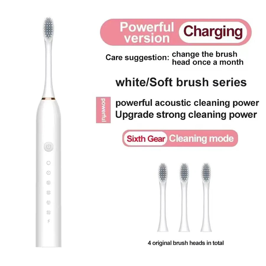 Rechargeable Electric Toothbrush - 6 Modes USB Sonic Toothbrush with 4 Brush Heads