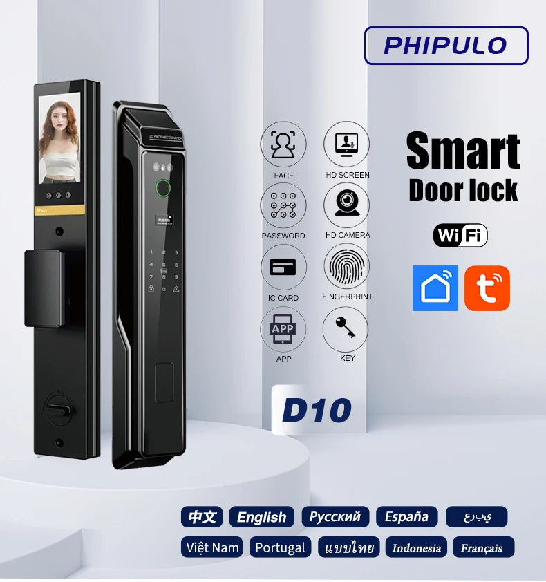 PHIPULO 3D Face Recognition Unlock Digital Door Lock With Fingerprint Password Unlock Keyless Electronic Door Lock