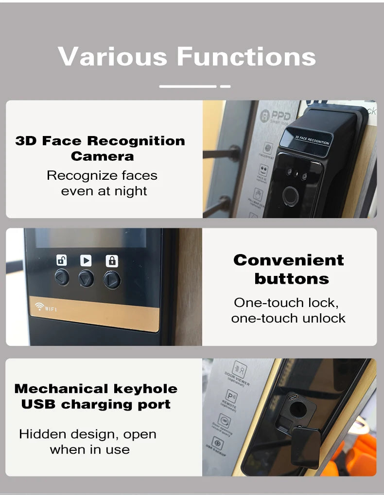 PHIPULO 3D Face Recognition Unlock Digital Door Lock With Fingerprint Password Unlock Keyless Electronic Door Lock