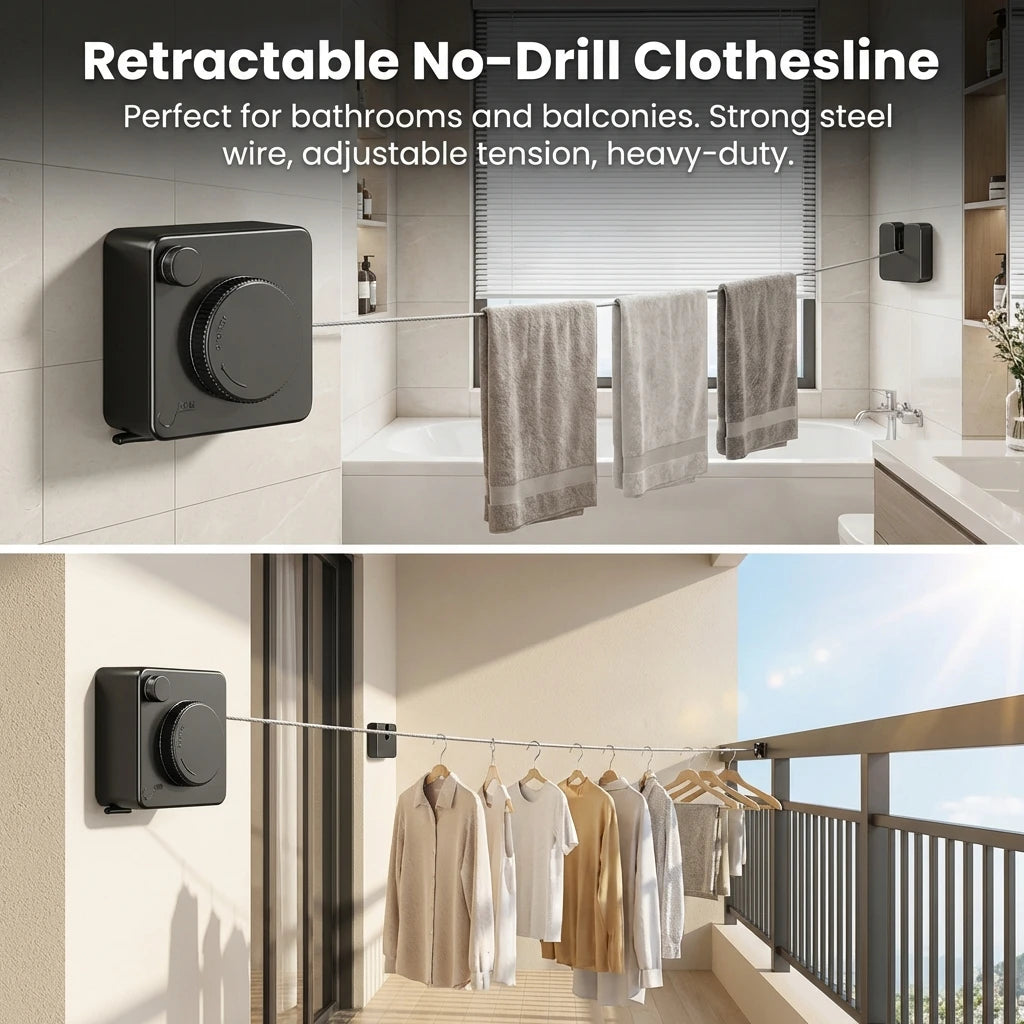 Retractable Indoor Clothesline - No Drill Wall-Mounted Drying Rack