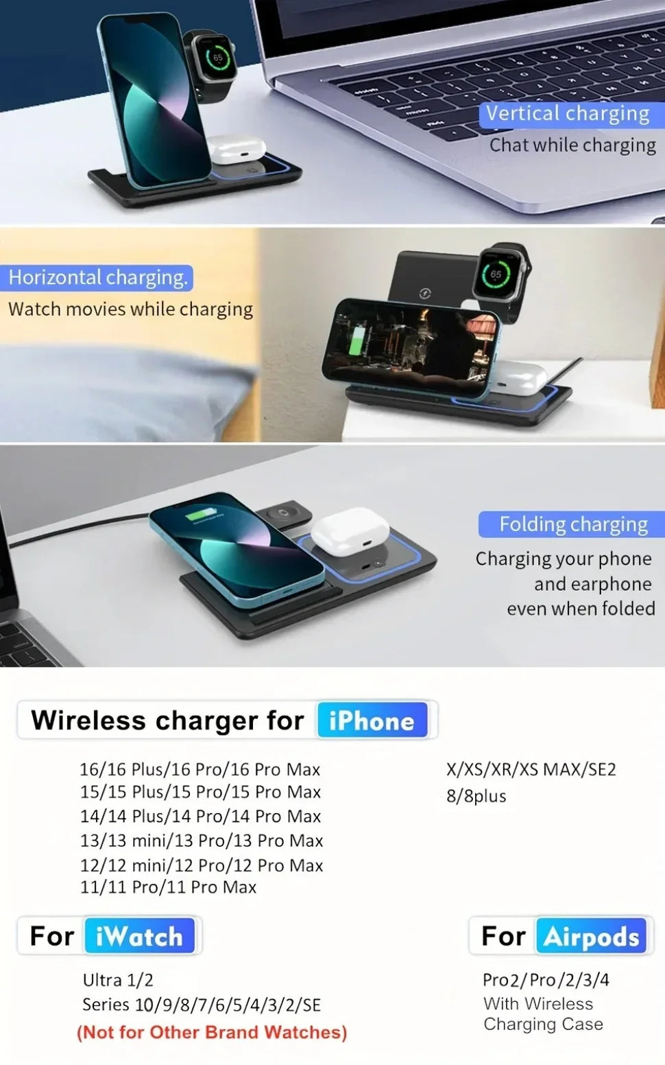 3-in-1 Wireless Charging Station - 30W Fast Charger for iPhone, Apple Watch & AirPods